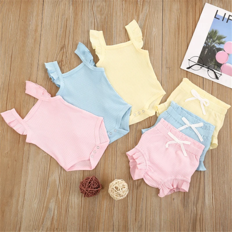 new baby clothing set	 0-18M Summer Lovely Toddler Baby Girls Boys Clothes Sets Solid Knit Ruffles Sleeve Bodysuit Romper Tops Shorts 2pcs Clothes baby knitted clothing set