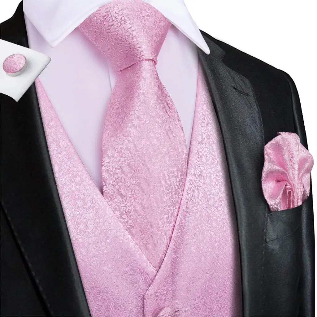 Hi-Tie Chaleco de los hombres traje de seda de 100% rosa para la boda melocotón Chaleco de Coral de alta calidad para hombres de bolsillo juego de gemelos y pañuelo