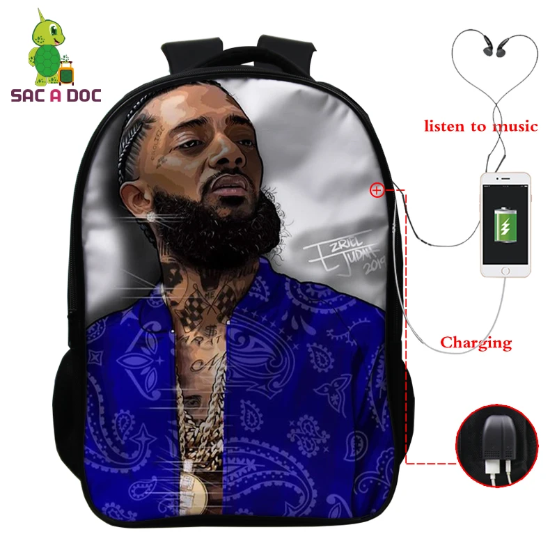 16 дюймов рюкзак Nipsey Hussle подростковые школьные сумки для девочек и мальчиков рюкзак usb зарядка через плечо сумка на молнии сумка для ноутбука дорожная сумка