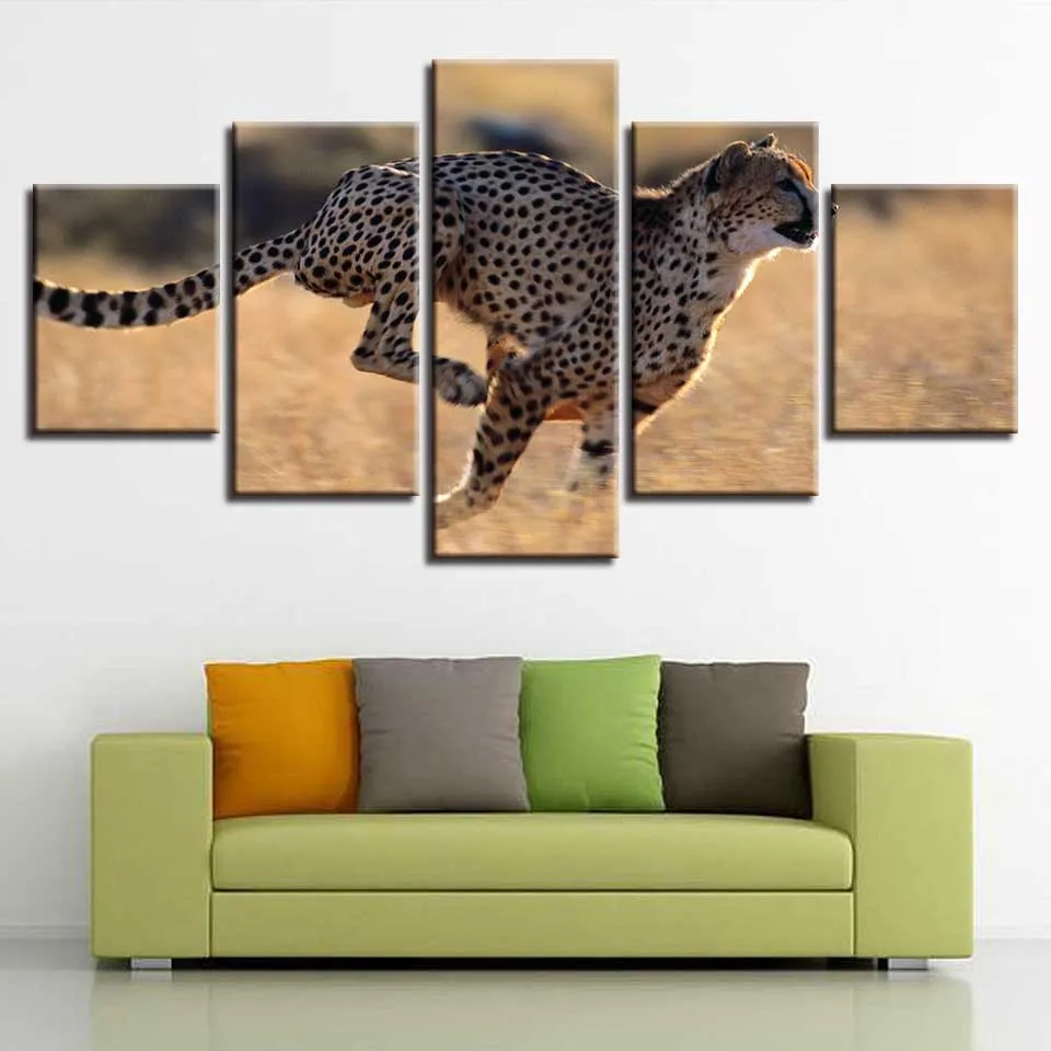 

Art HD Printed Modular Canvas 5 Pieces Animal Leopards Running Scenery Painting Decoration Living Room Wall Home Modern Pictures