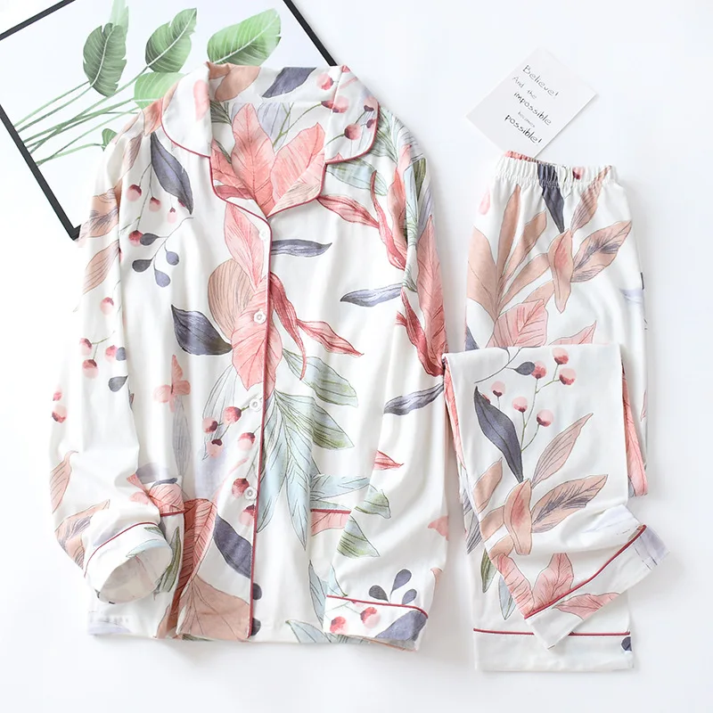 

Women Long Sleeve Nightwear Turn-down Collar Leaves Printing Pajamas Loungewear Sleepwear Autumn 100% Cotton Knitted Pajama Set