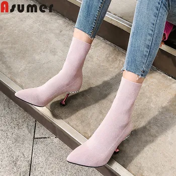 

ASUMER 2020 new ankle boots for women pointed toe Knitted wool high heels shoes ladies boots autumn winter Elastic Socks boots