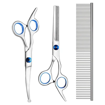 

3 Pack Dog Grooming Scissors with Safety Round Tip, Perfect Stainless Steel Up-Curved Grooming Scissors Thinning Cutting Shears