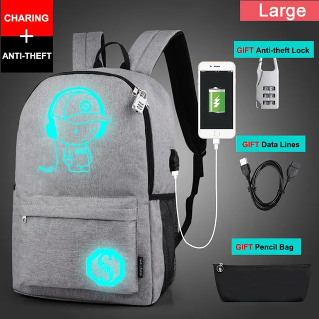 gray large size Светящаяся школьная сумка для студентов, школьный рюкзак для мальчиков и девочек, многофункциональный usb-порт для зарядки и замок, детский рюкзак - Цвет: gray large size