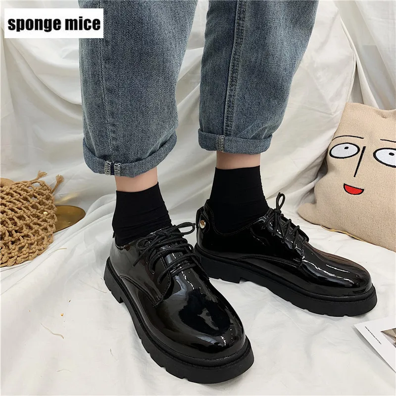

Ins small leather shoe female retro British style new student ulzzang black platform women Casual shoes wedge shoes sneakers D55