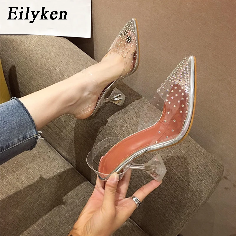 Eilyken; Модный дизайн; свадебные туфли-лодочки из прозрачного ПВХ высокого качества со стразами; пикантные босоножки с острым носком на прозрачном каблуке