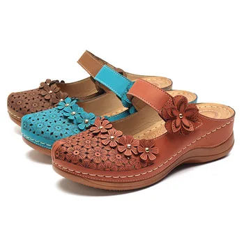 

Women Flat Sandals Hollow Out Retro Flower Round Toe Ladies Wedges Shoes Plus Size 46 Soft Female Buckle Slippers Flower Sandals