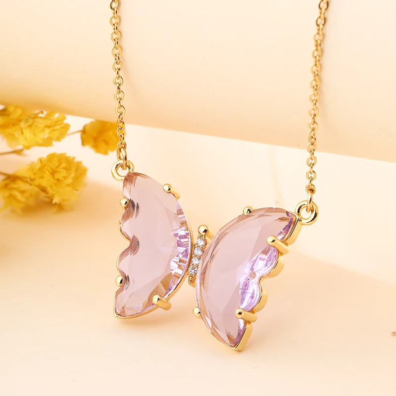 Fashion Stainless Steel Six Colors Crystal Butterfly Pendant Necklace For Women Glamour Female Color Butterfly Necklace Jewelry