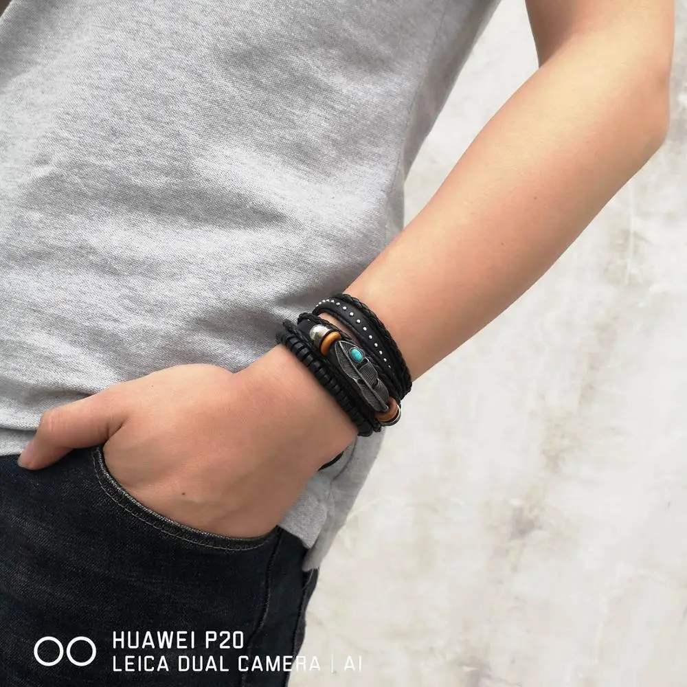 4PCS/SET Vintage Leaf Pendant Rice Beads Adjustable Rope Chain Bracelet Punk Braided Wrap Wristbands For Men Fashion Jewelry