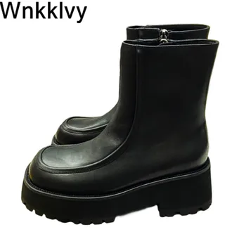 

Women platform Martin boots autumn winter thick bottom real leather ankle boots round toe short botas 2020 runway design shoes