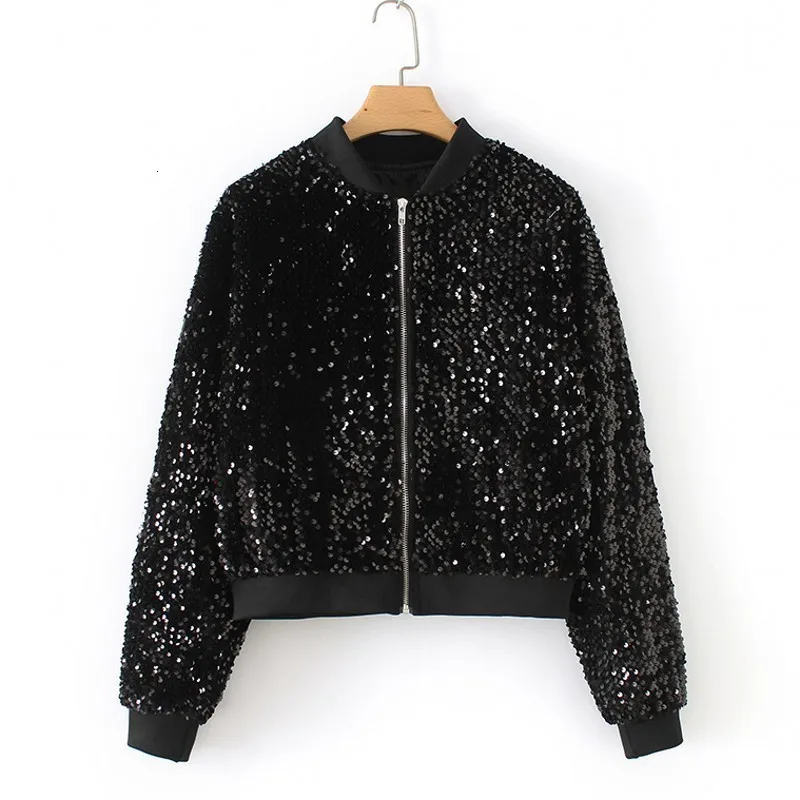 Блестящая Черная Вышивка блесток короткая куртка Бейсбольная женская одежда куртки зимнее пальто женские осенние с длинным рукавом осень зима
