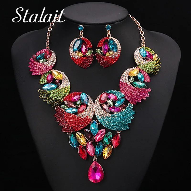 LuxuryColorfulCrystalFeatherJewelrySetsNecklaceEarringsBridal