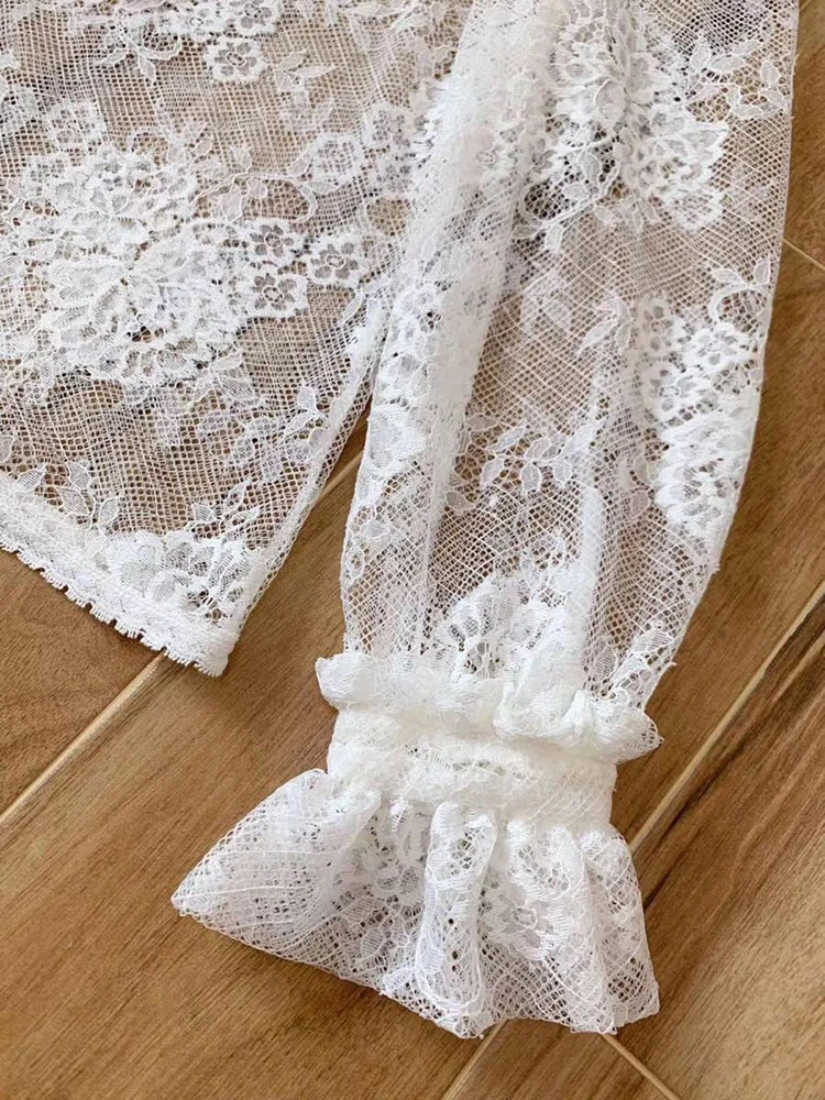 Ziwwshaoyu пикантный кружевной прозрачный белый Блузка Элегантные расширяющиеся к низу рукава осенние женские дизайнерские блузки рубашки Новинка