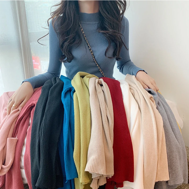 

2020 Autumn Winter Women Pullovers Sweater Knitted Elasticity Casual Jumper Fashion Slim Turtleneck Warm Female Sweaters