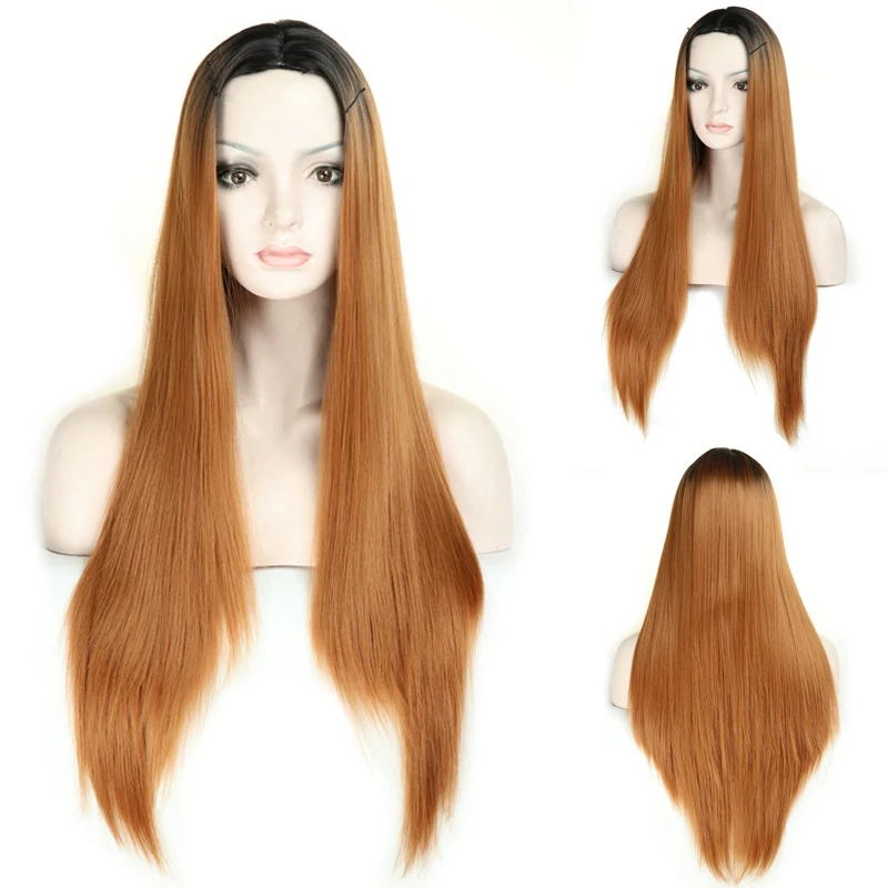 

SHUOHAN 70cm Synthetic Ombre Straight Wig For Women Black Light Brown Heat Resistant High Temperature Fiber Long Cosplay SX520