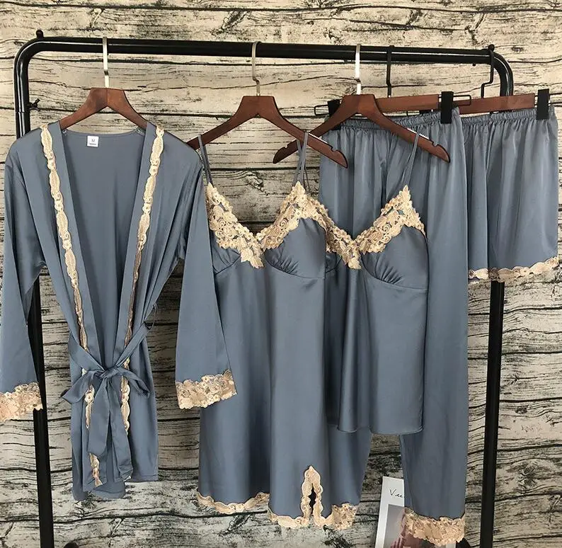 Сексуальные кружевные женские пижамы, Пижамный костюм для сна и отдыха,, женские атласные пижамы, 5 штук, пижамы, пижама, шелковая ночная домашняя одежда - Цвет: lanhui