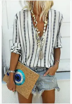 

Women Striped Blouse Shirt Long Sleeve Blouse Foe Women V-Neck Shirts Casual Tops Loose Office Blouse Mujer De Moda 2019