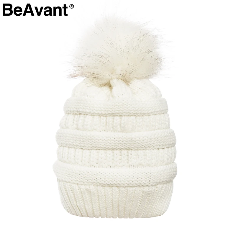BeAvant Съемная зимняя меховая шапка с помпоном женская элегантная сплошная шикарная Осенняя шапка бини Уличная Повседневная Женская теплая мягкая шапка - Цвет: Белый