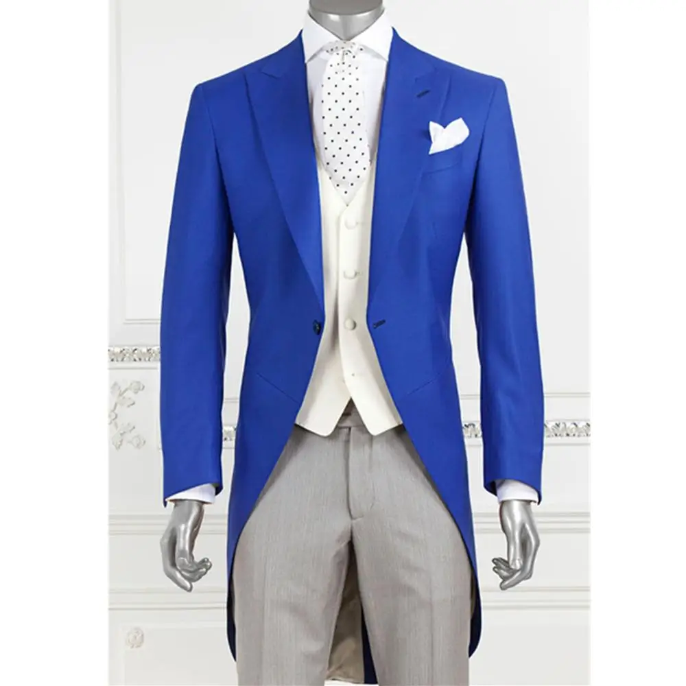 

Custom Made Blue Peaked Lapel Men Suits Casual Straight Blazer Tuxedo Tailcoat Wedding Suit Terno Masculino (Jacket+Pants+Vest)