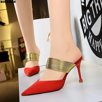 

Bigtree Sexy Thin Slippers Fine High-Heeled Suede Shallow Mouth Tip Metal Field with High-Heeled Mules