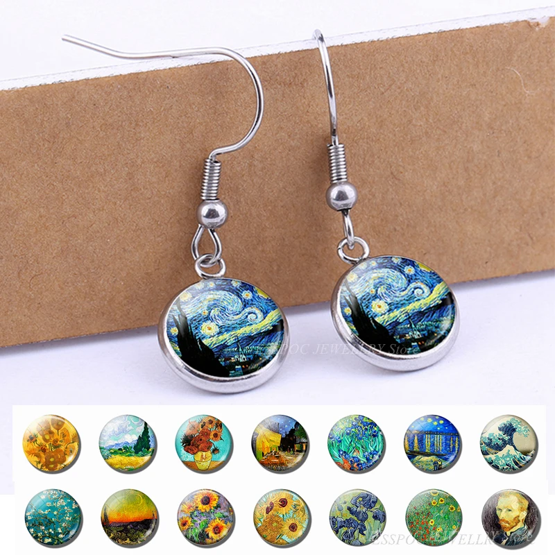 

Silver Dangle Earring Van Gogh Famous Artist Starry Night Stud Earrings Glass Cabochon Jewelry Girl Delicate Ear Hook Women Gift