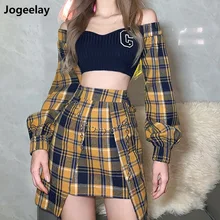 Women's 2 Piece Slash Neck Tank Top with Plaid Skirt Set Plaid Bodycon Mini Dress Y2k Preppy Style Dress Set