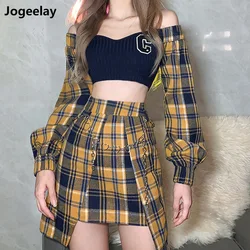 2 peça feminina slash neck regata com saia xadrez conjunto bodycon mini vestido y2k estilo preppy vestido conjunto
