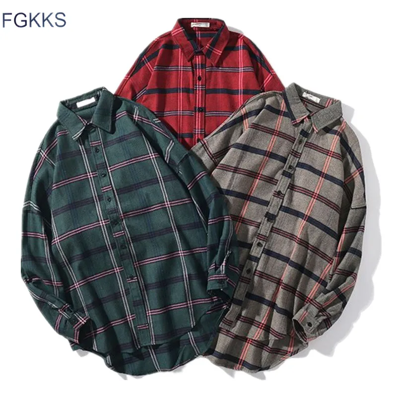 FGKKS Весна продукт мужские клетчатые рубашки модные повседневные мужские рубашки с отложным воротником и длинным рукавом мужские удобные рубашки топы