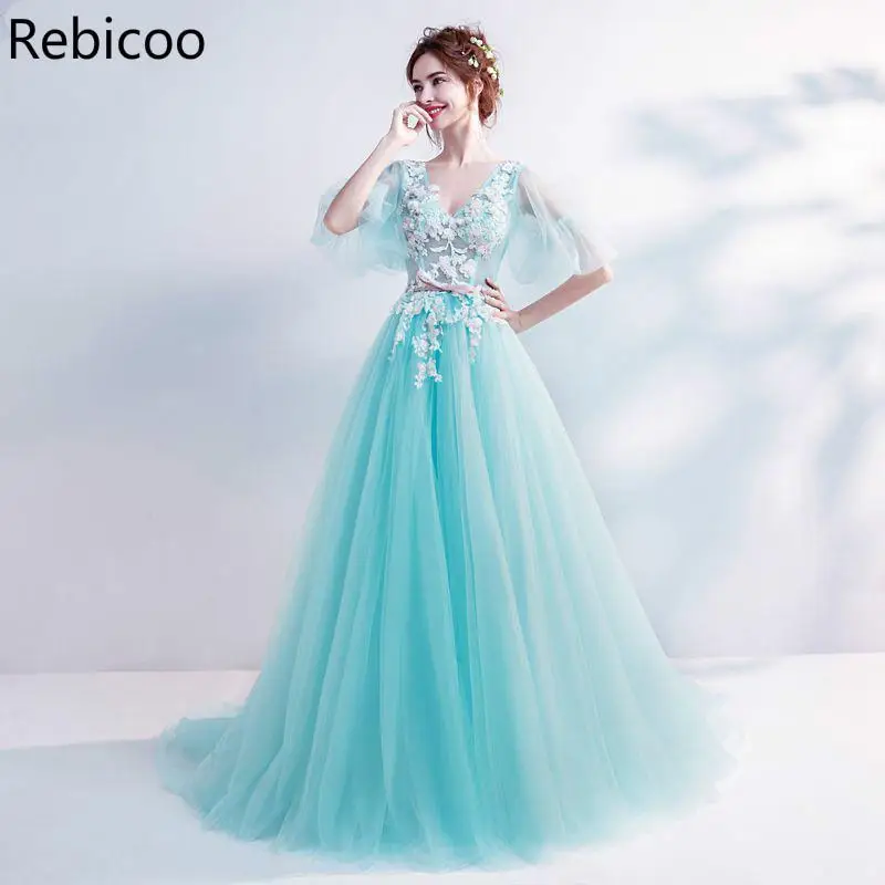 Мятно-зеленые платья для девушек с V-образным вырезом и коротким рукавом