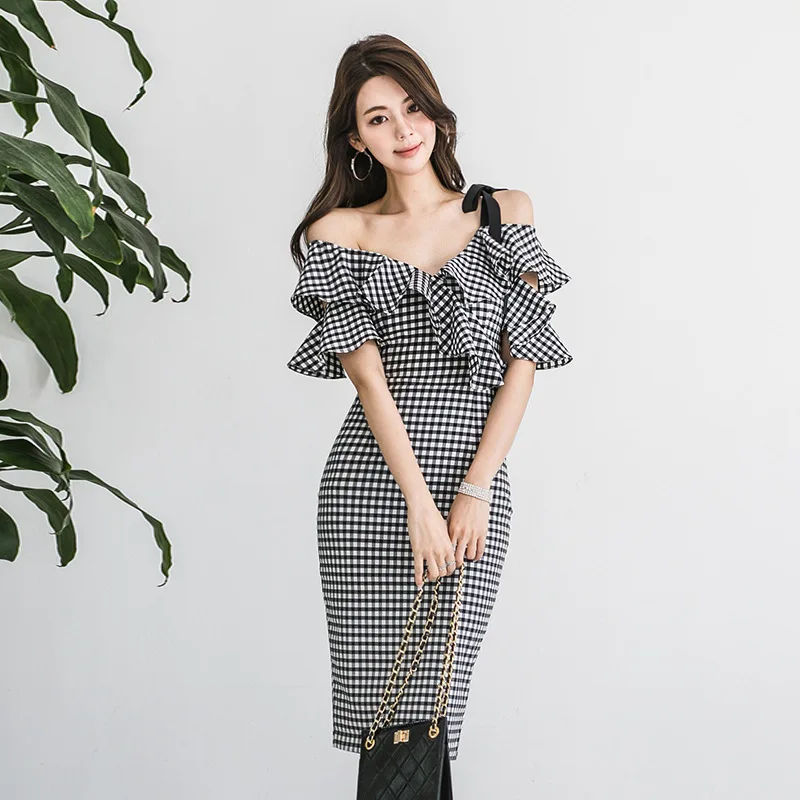 

Summer Wear 2019 New Style Women's Debutante Ol Elegant Sexy V-neck Flounced Slim Fit Camisole Plaid Sheath Dress