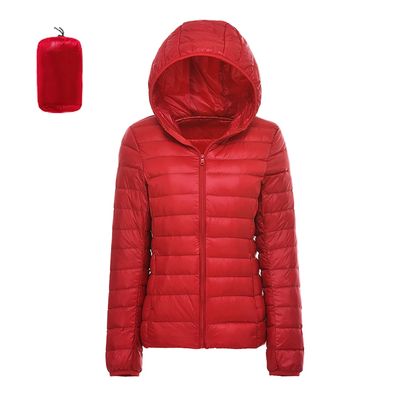 Зимний женский ультра легкий пуховик, белый утиный пух, куртки с капюшоном, теплое пальто с длинным рукавом, парка, Женская однотонная переносная верхняя одежда - Color: red