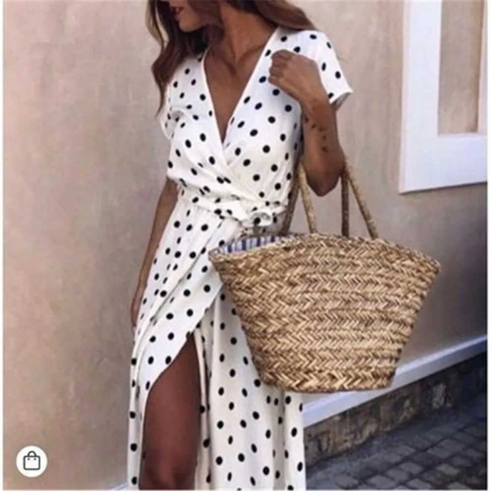 

Summer Ladies Long Dress for Women Red White Dot Beach Sexy Deep V Neck Maxi Party Dress Female Sundress Side Split Balck Dress
