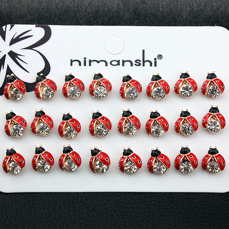 Партия, 12 пар, новые серьги-гвоздики из сплава, с капельным кристаллом, женские милые серьги-гвоздики для маленьких девочек, жуки, насекомые, детские подарки, CED08