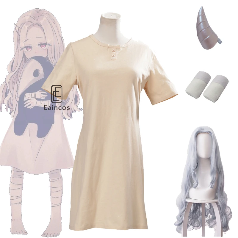 Specialty Fashion MHA Eri Cosplay Costume Dress with Horn and Eri Light Purple Curly Cosplay Wig