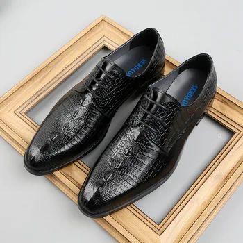 

Business Dress Leather Shoes Youth Derby Shoes Pointed Lace-up Shoes Crocodile Men's Shoes Genuine Leather Solid