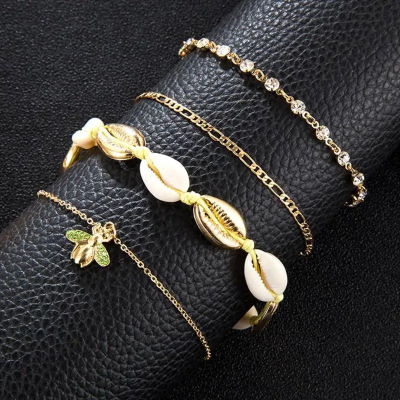 4 шт Boho Bee Shell горный хрусталь ножной браслет женский пляж еда Цепочка-украшение подарки горный хрусталь Boho лодыжки браслет для женские ножные браслеты