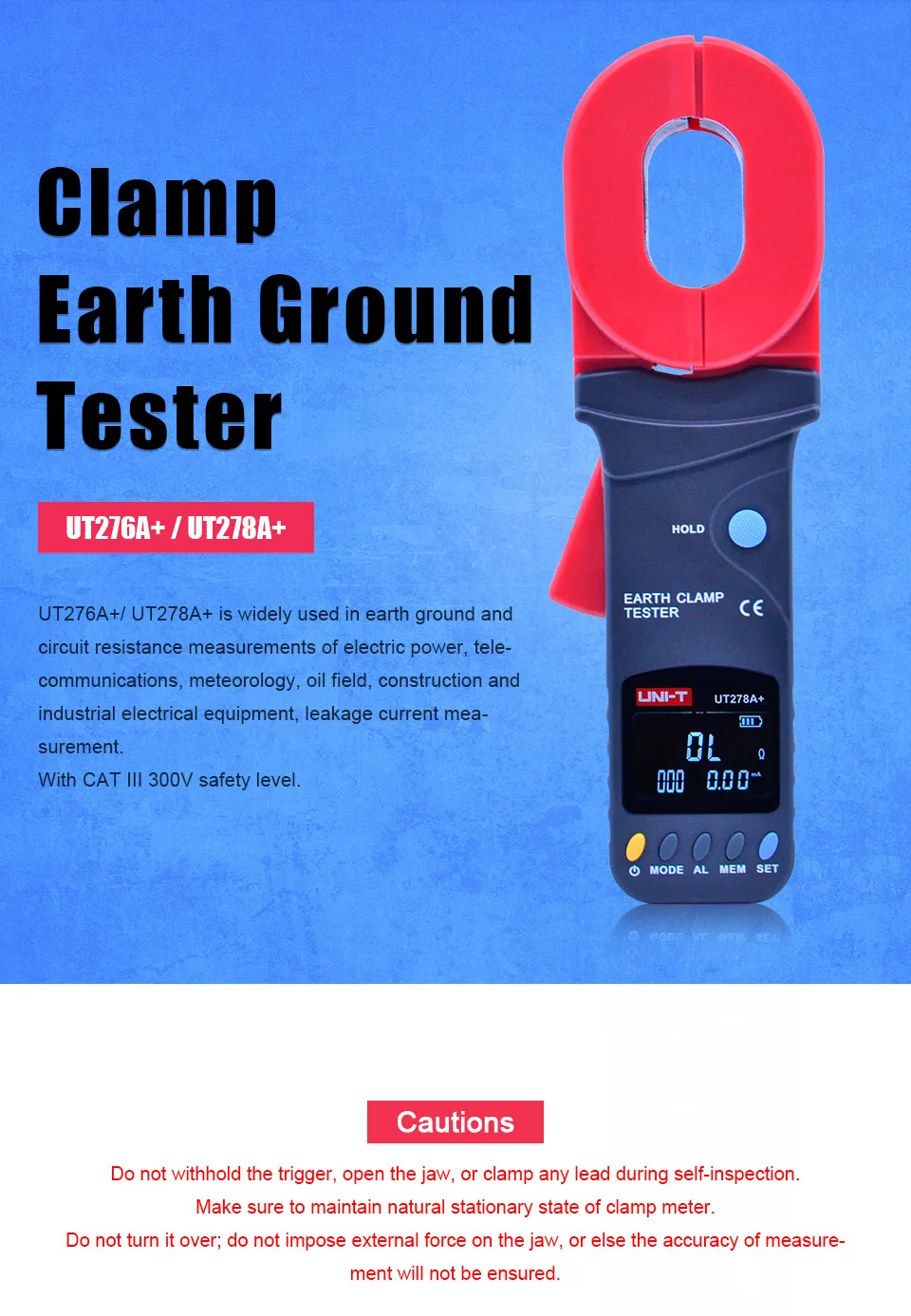 Clamp Earth Ground Tester UNI-T UT276A+ UT278A+ Auto Range earth resistance tester ohm meter Data storage Visual/audible alarm