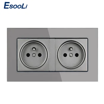 

Esooli 16A Double French Standard Wall Socket Crystal Glass Panel Power Outlet Grounded With Child Protective Door Grey Black