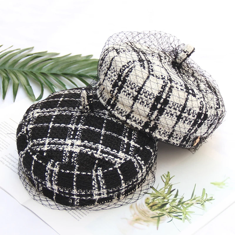 Casquette осенне-зимние черно-белые клетчатые сетчатые береты элегантные женские шляпы для художников шляпы для газетчиков BTM05