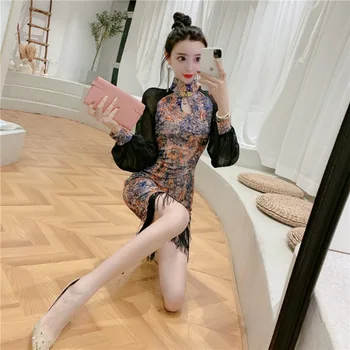 

2020 Summer Vintage Ladies Bubble Sleeve Improved Cheongsam Tassel Slimming Sexy Lantern Sleeve Outfit Chinese Traditional Dress