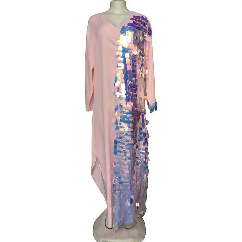Женское повседневное свободное лоскутное платье с блестками, элегантное вечернее платье с v-образным вырезом, длинное вечернее платье