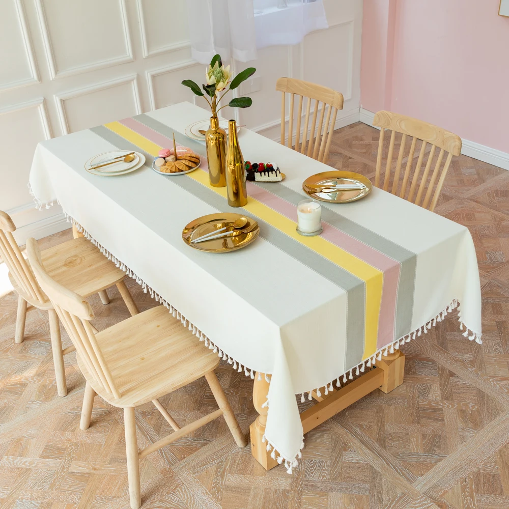 

Lattice decorative linen tablecloth with tassels waterproof and oil-proof thickened rectangular wedding table cloth tablecloth