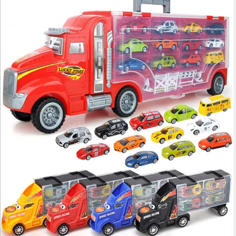 

Children's toys catapult car container car storage box alloy car trailer model set Festival gift