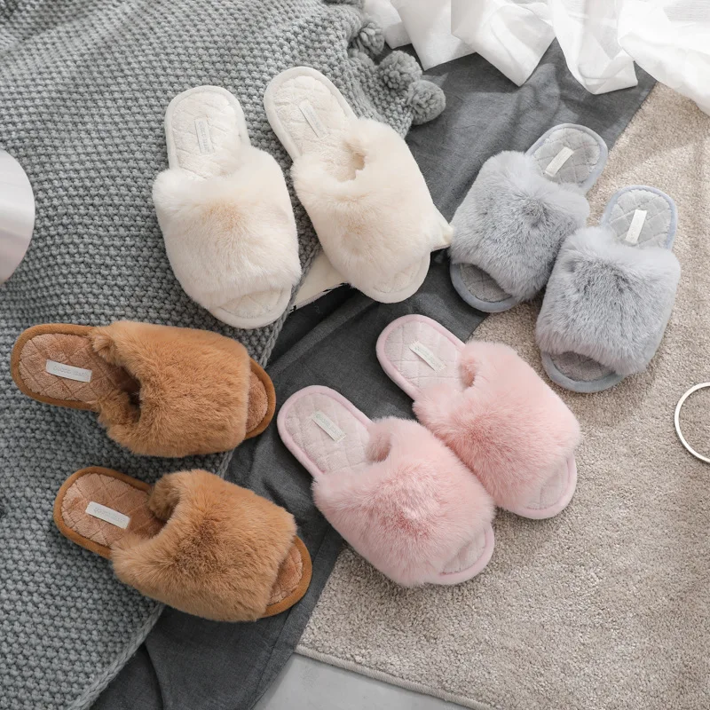 

Hill-Bear 2019 Autumn And Winter New Style Korean-style Large Rabbit Plush Fish Mouth Couples Slipper Anti-slip Soft-Sole Househ