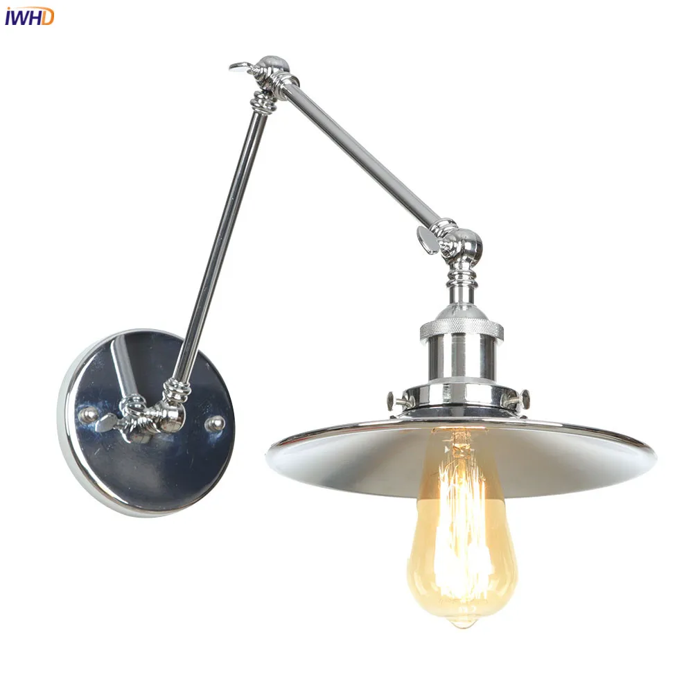 IWHD Silver Swing Long Arm LED Wall Light Fixtures Bedroom Stair Mirror Loft Industrial Decor Vintage Wall Lamp Sconce Edison