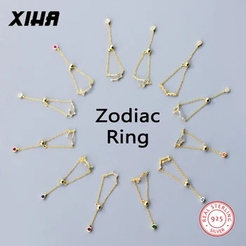 

12 Constellation 925 Sterling Silver Zodiac Rings for Women Resizable Cubic Zirconia Crystal Beads Adjustable Chain Ring Girls