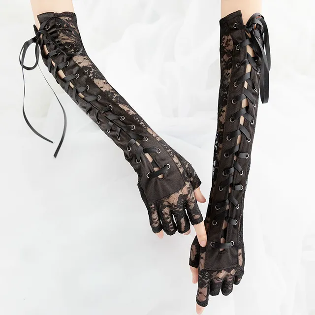 Gothic Steampunk Black Lace Up Fingerless Gloves  1