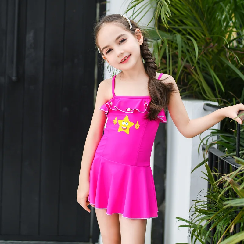 

2019 New Style Hot Sales KID'S Swimwear Dress-Camisole Solid Color Flounced Triangular Hipster GIRL'S Swimsuit