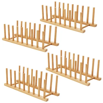

4Pcs Bamboo Dish Plate Bowl Cup Book Pot Lid Cutting Board Drying Rack Stand Drainer Storage Holder Organizer Kitchen Cabinet (S