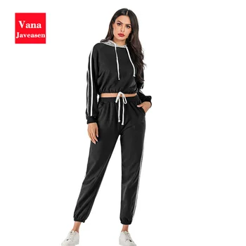 

Vana Javeasen 2PCS Clothes Women Set Striped Long Sleeve Drawstring Hooded Sweatshirt High Waist Pants Set For Women Streetwear